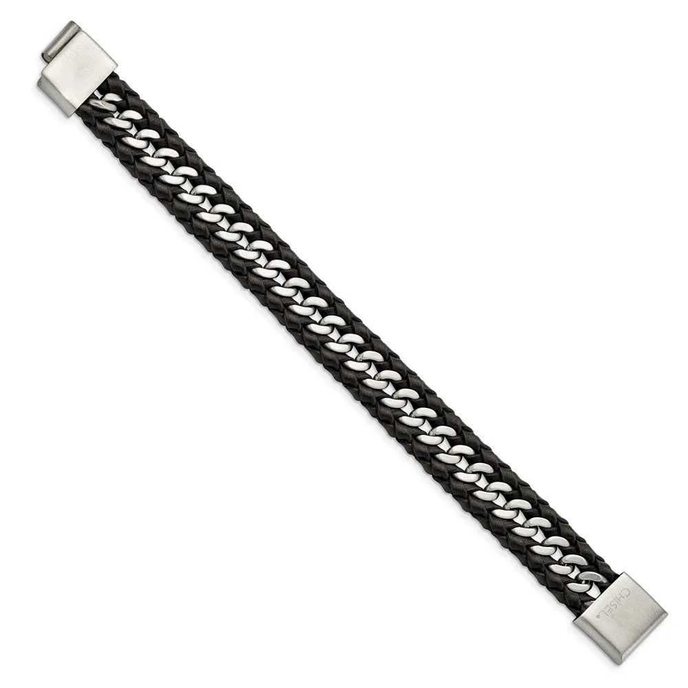 14mm Stainless Steel & Black Leather Brushed Curb Bracelet, 8.5 Inch