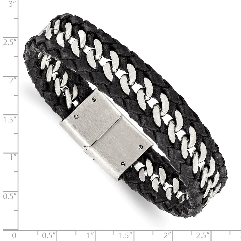 14mm Stainless Steel & Black Leather Brushed Curb Bracelet, 8.5 Inch