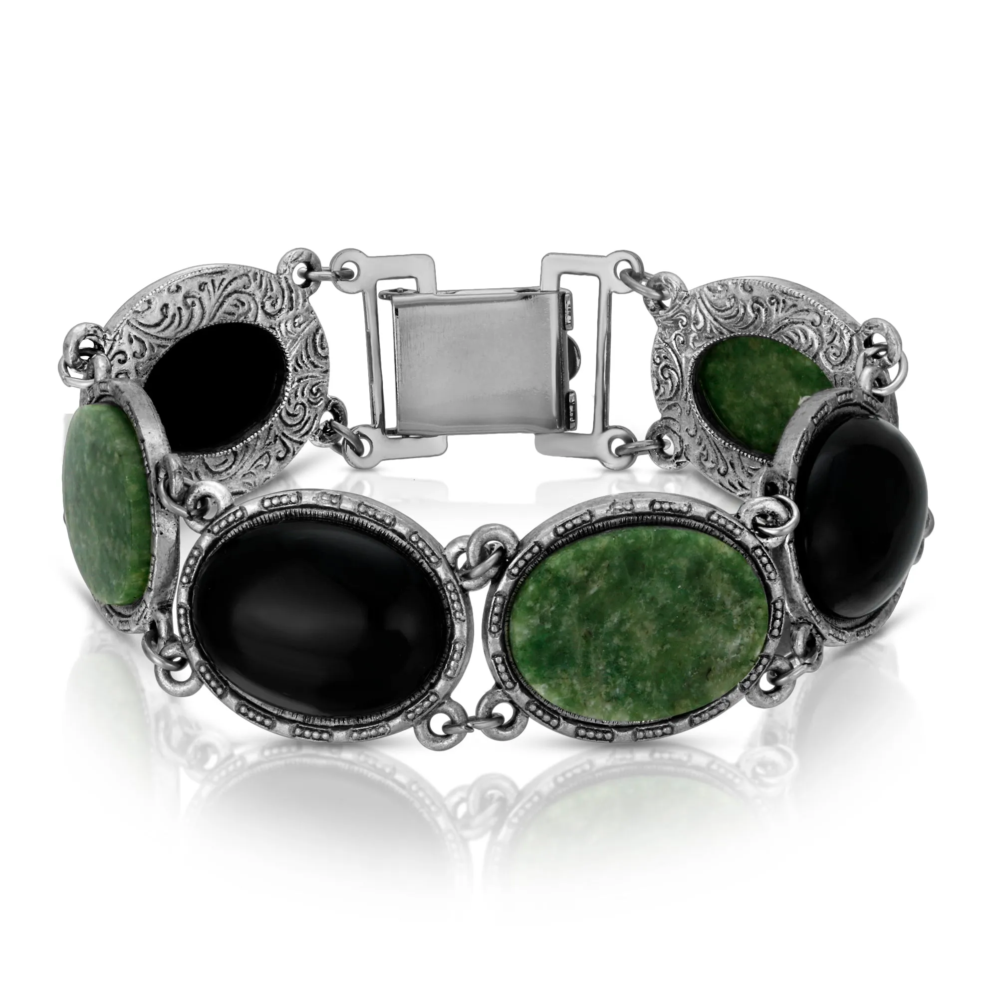 1928 Jewelry Onyx & Jade Semi Precious Link Bracelet