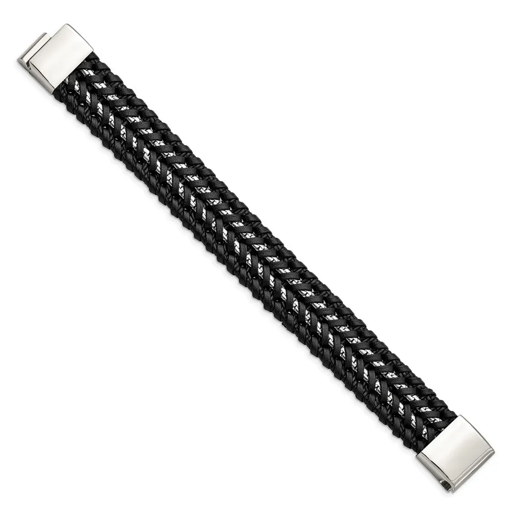 20mm Stainless Steel Black Woven Leather and Chain Bracelet, 8.5 Inch