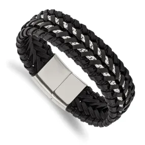 20mm Stainless Steel Black Woven Leather and Chain Bracelet, 8.5 Inch