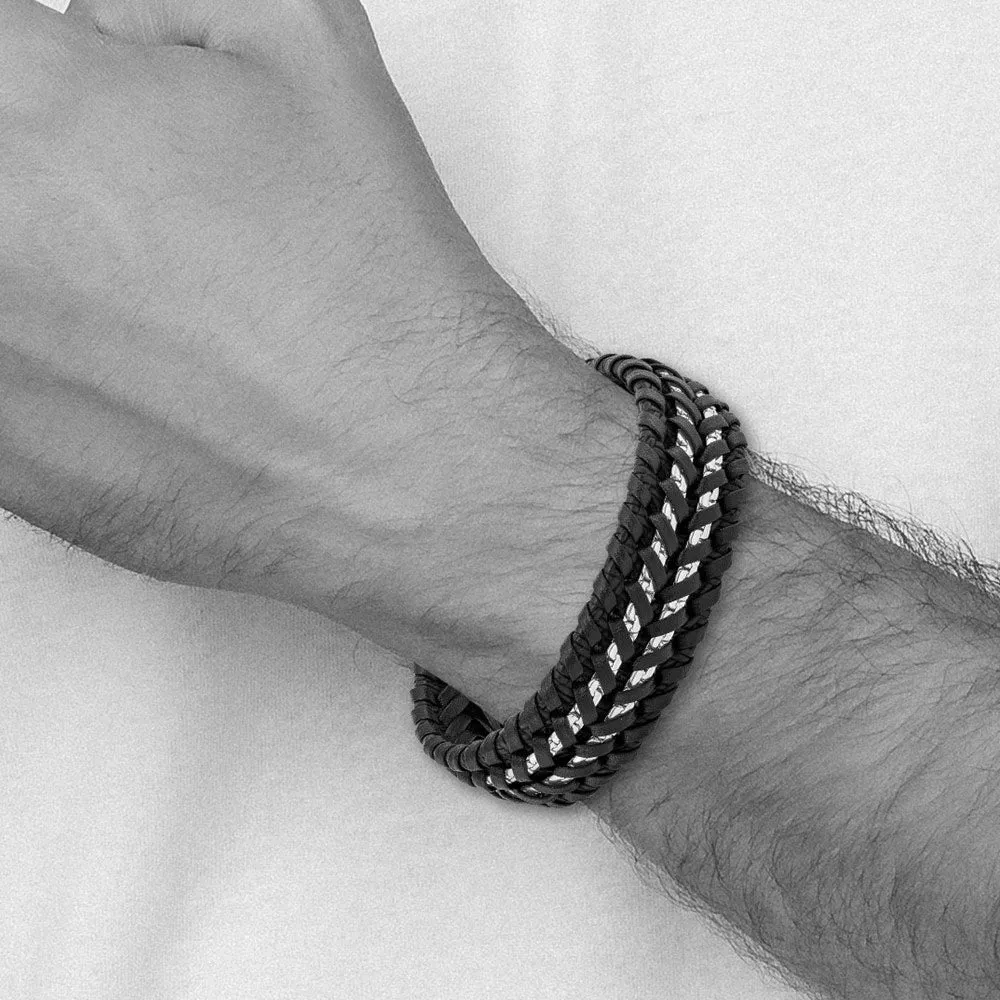 20mm Stainless Steel Black Woven Leather and Chain Bracelet, 8.5 Inch