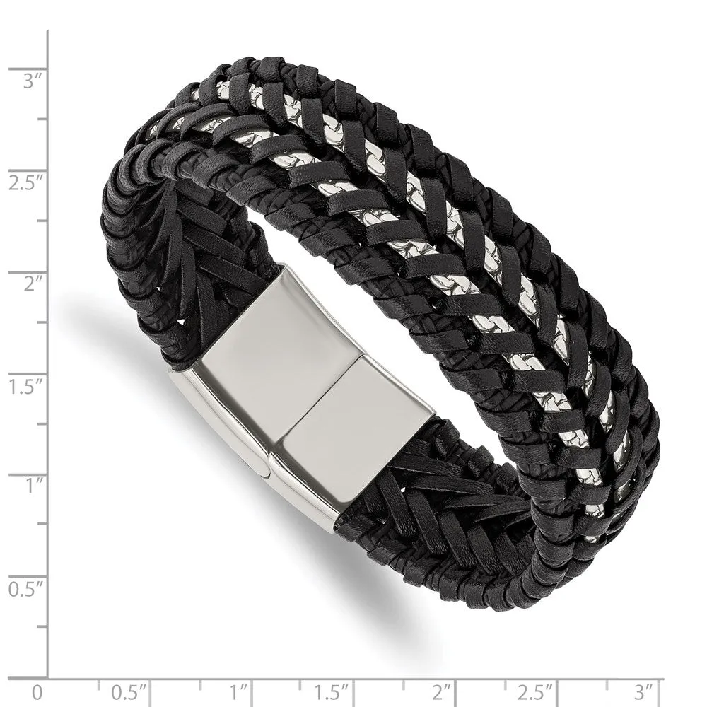 20mm Stainless Steel Black Woven Leather and Chain Bracelet, 8.5 Inch