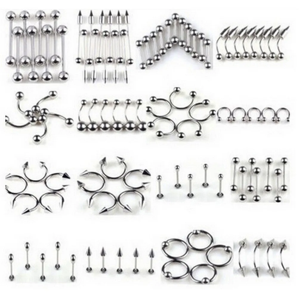 66Pcs Multi-type Stainless Steel Curved Eyebrow Nose Lip Earrings Nipple Piercings Punk Body Piercing  SM6