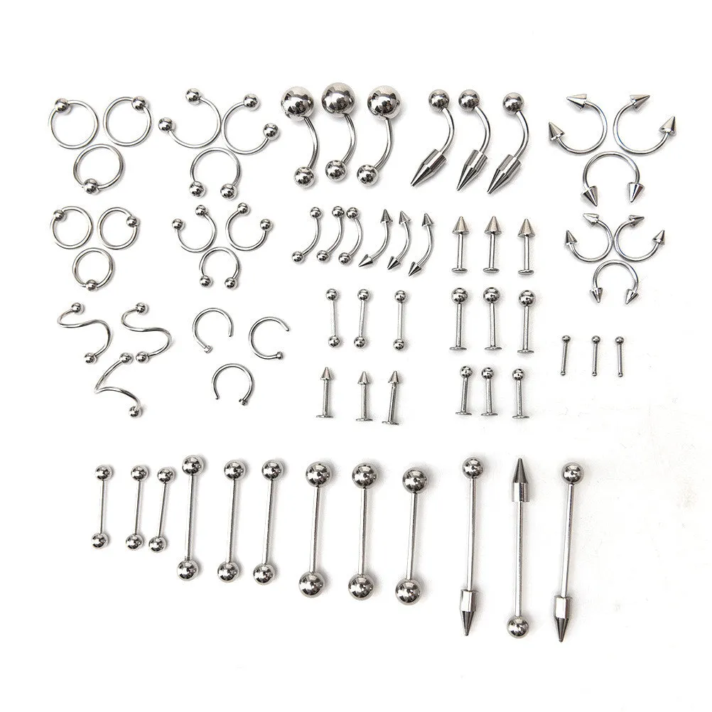 66Pcs Multi-type Stainless Steel Curved Eyebrow Nose Lip Earrings Nipple Piercings Punk Body Piercing  SM6