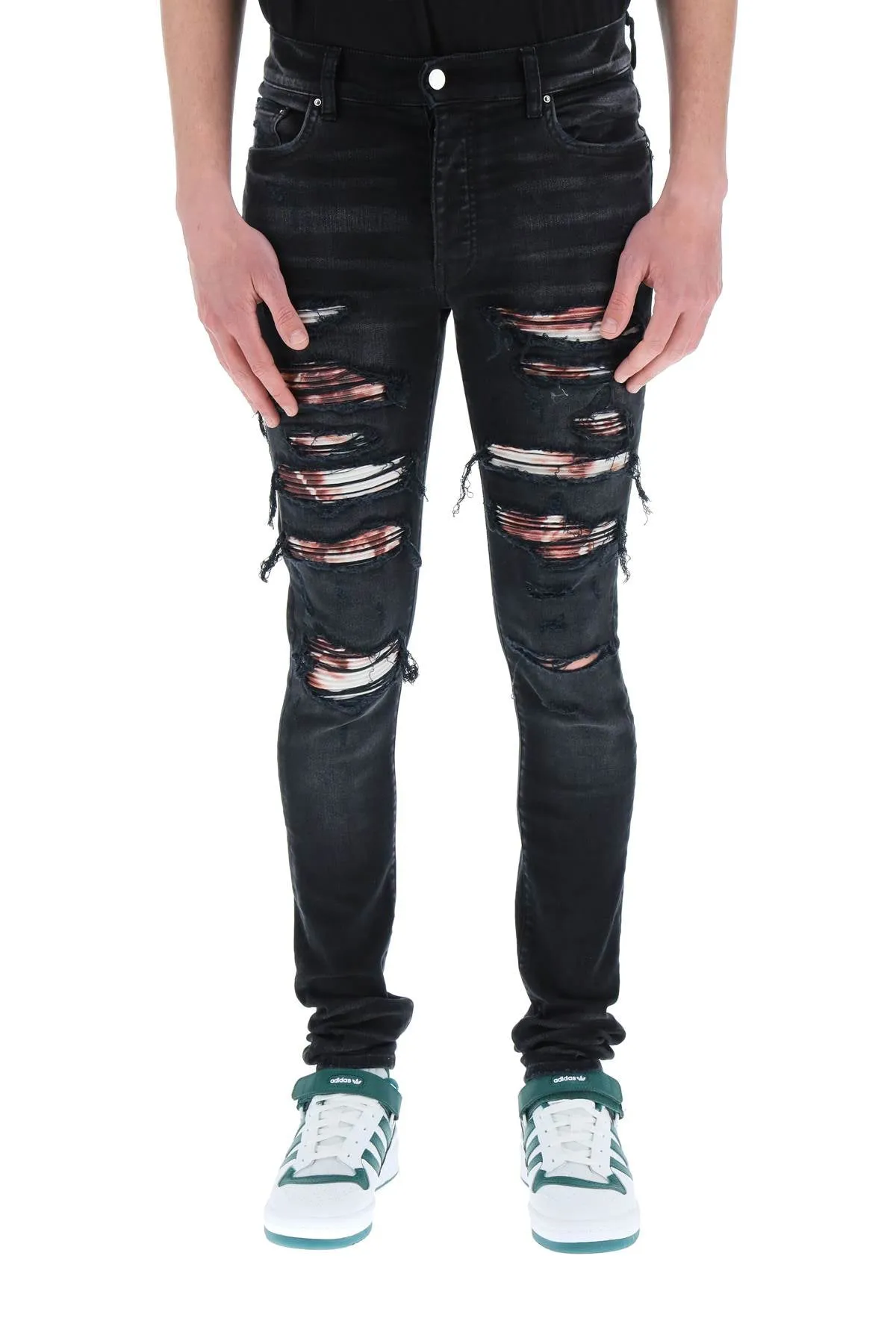 Amiri Logo Patch Ripped Slim Cut Jeans