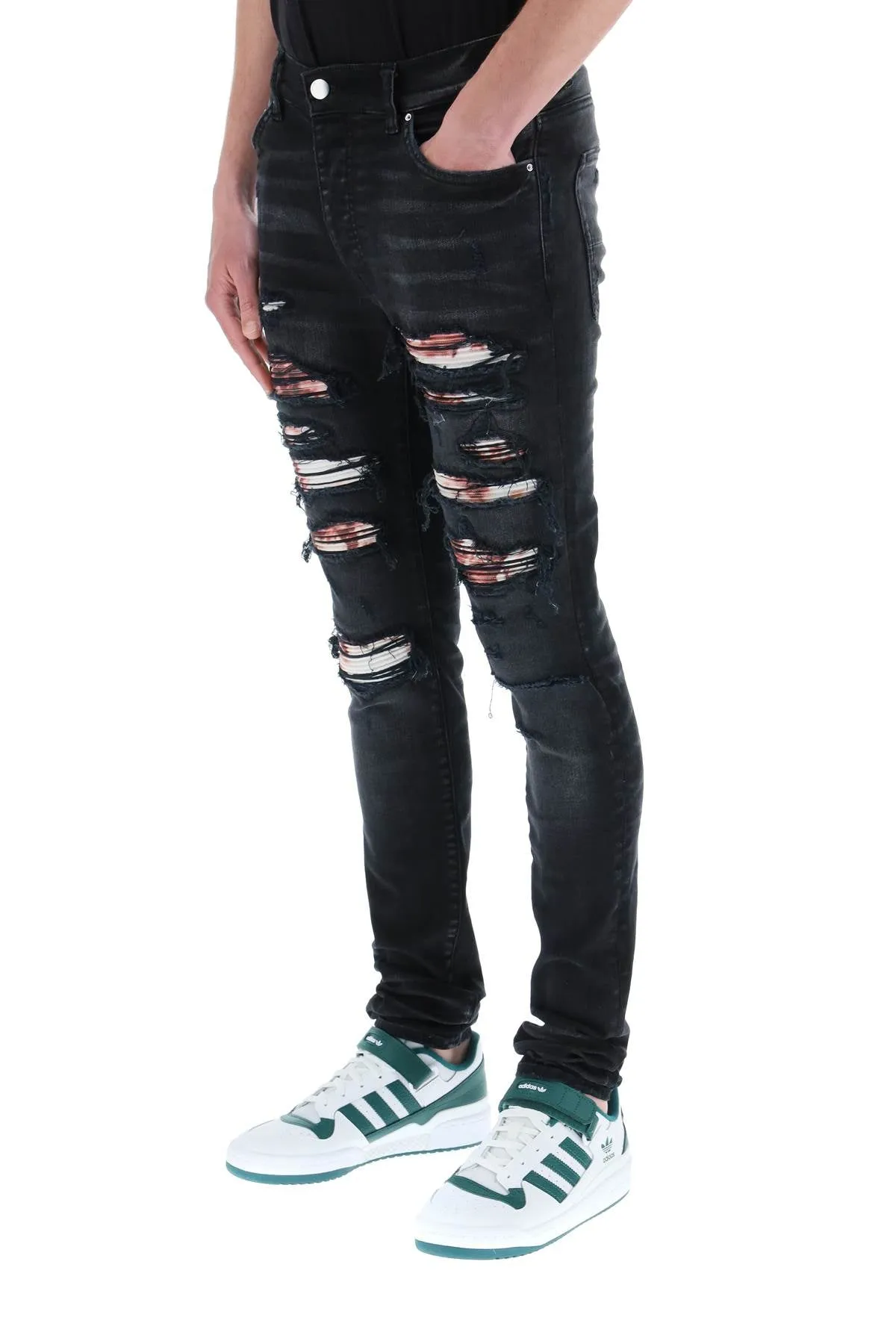 Amiri Logo Patch Ripped Slim Cut Jeans