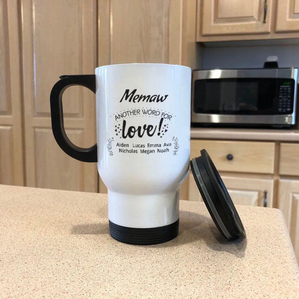 Another Word For Love Personalized White Metal Coffee and Tea Travel Mug