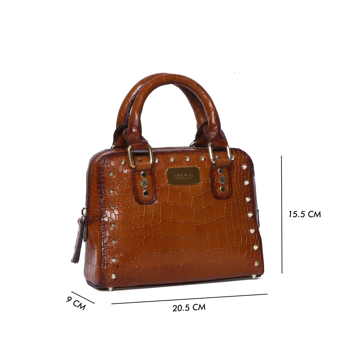 Arrowhead Studs Tan Deep Cut Croco Leather Ladies Handbag with Adjustable Strap