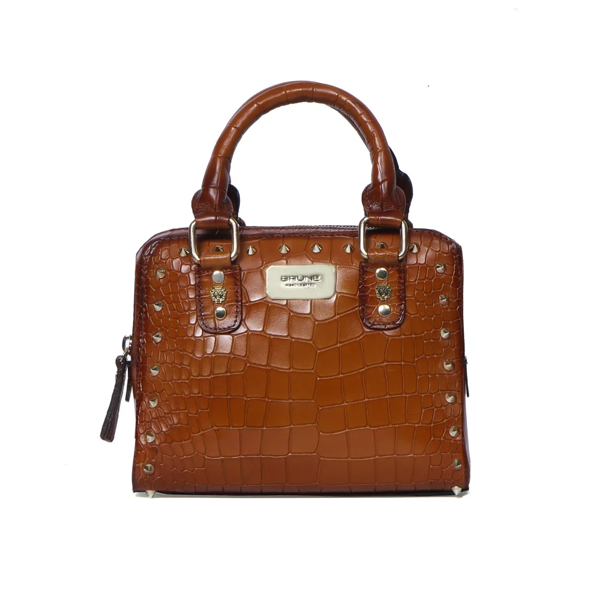 Arrowhead Studs Tan Deep Cut Croco Leather Ladies Handbag with Adjustable Strap