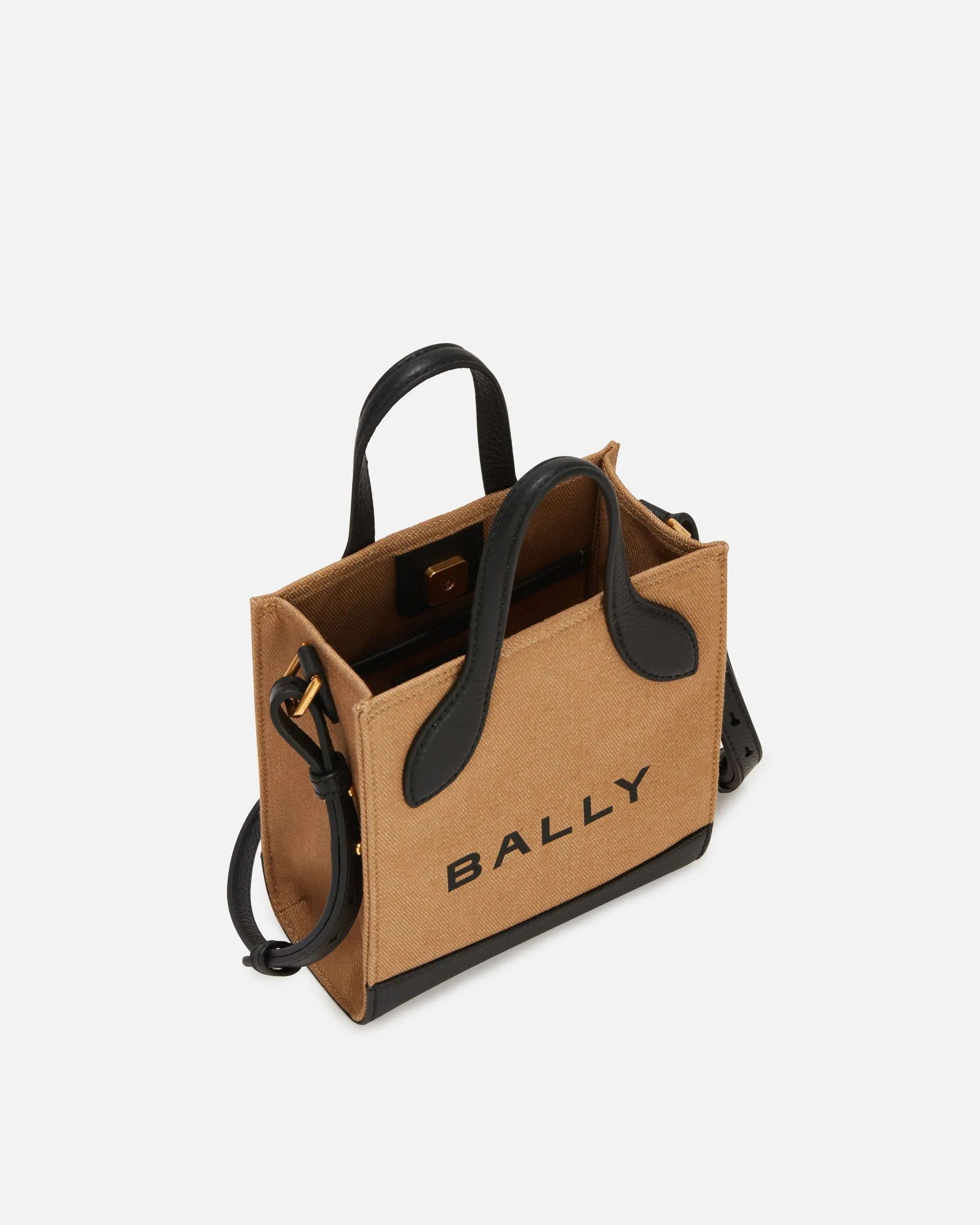 Bar Mini Tote Bag In Beige And Black Canvas And Leather 