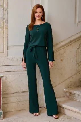 Beyond Travel Long Sleeve Tie Waist Jumpsuit Deep Emerald