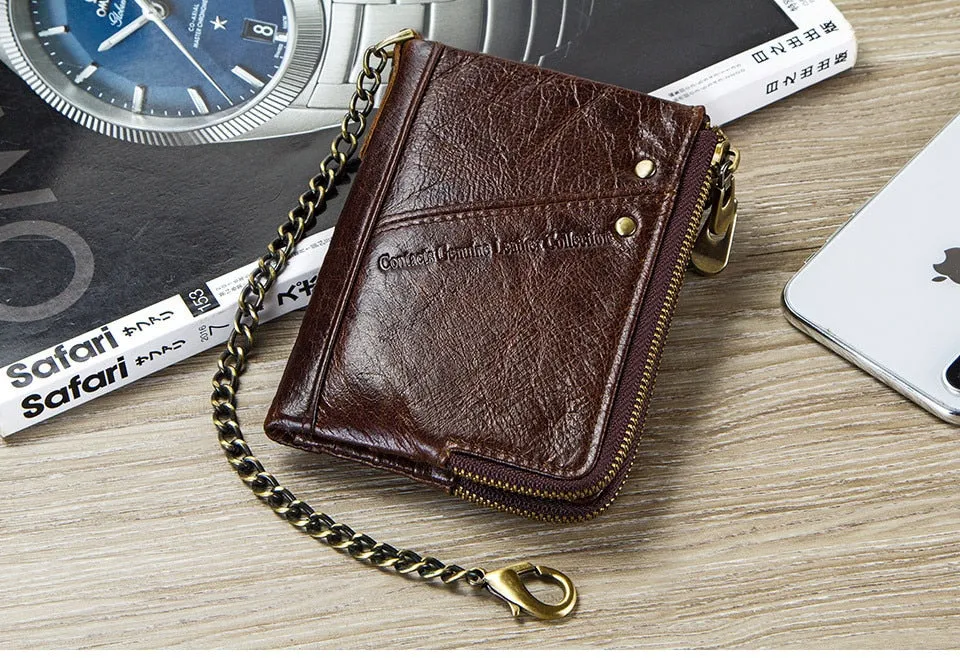 Casual Genuine Leather Men's Wallet Multifunctional Double Zipper Coin Purse