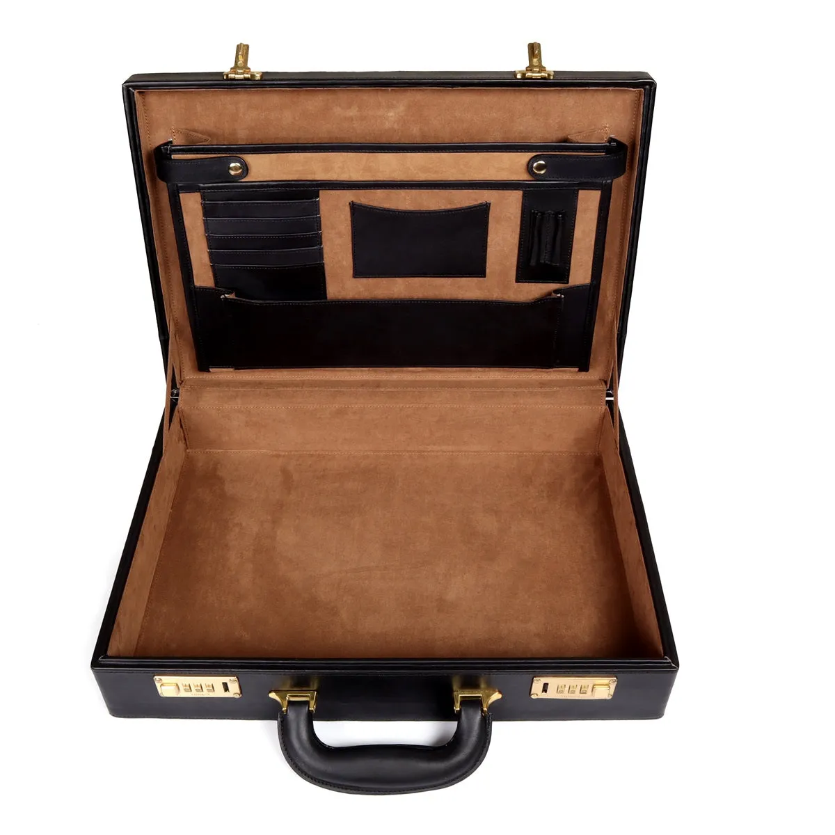 Customized Laser Initial Diamond Stitched Black Leather office briefcase in hard case with number lock system by Brune & Bareski