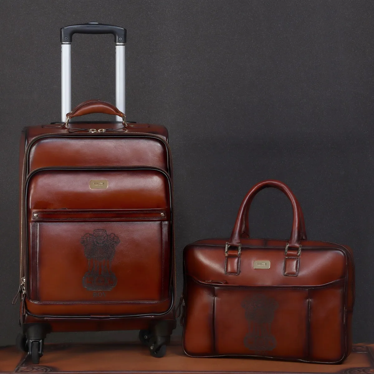 Customized NATIONAL EMBLEM OF INDIA Brown Laser Leather Combo of Strolley Bag & Laptop Office Briefcase By Brune & Bareskin