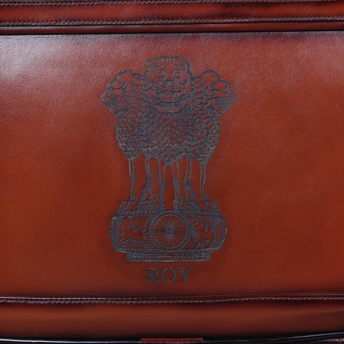 Customized NATIONAL EMBLEM OF INDIA Brown Laser Leather Combo of Strolley Bag & Laptop Office Briefcase By Brune & Bareskin