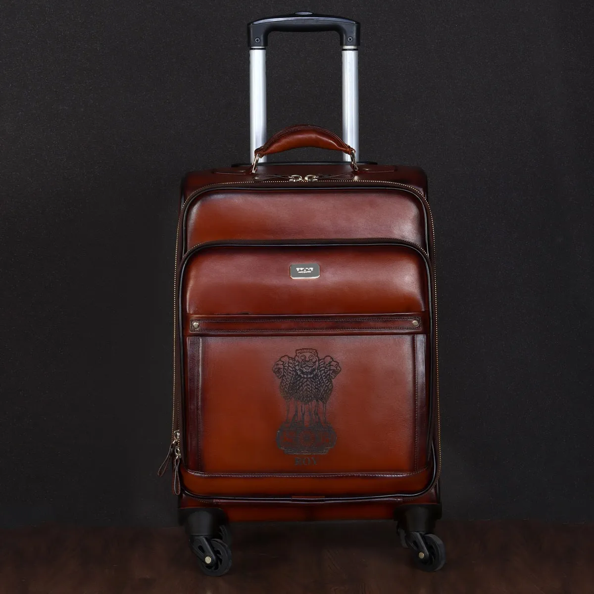 Customized NATIONAL EMBLEM OF INDIA Brown Laser Leather Combo of Strolley Bag & Laptop Office Briefcase By Brune & Bareskin