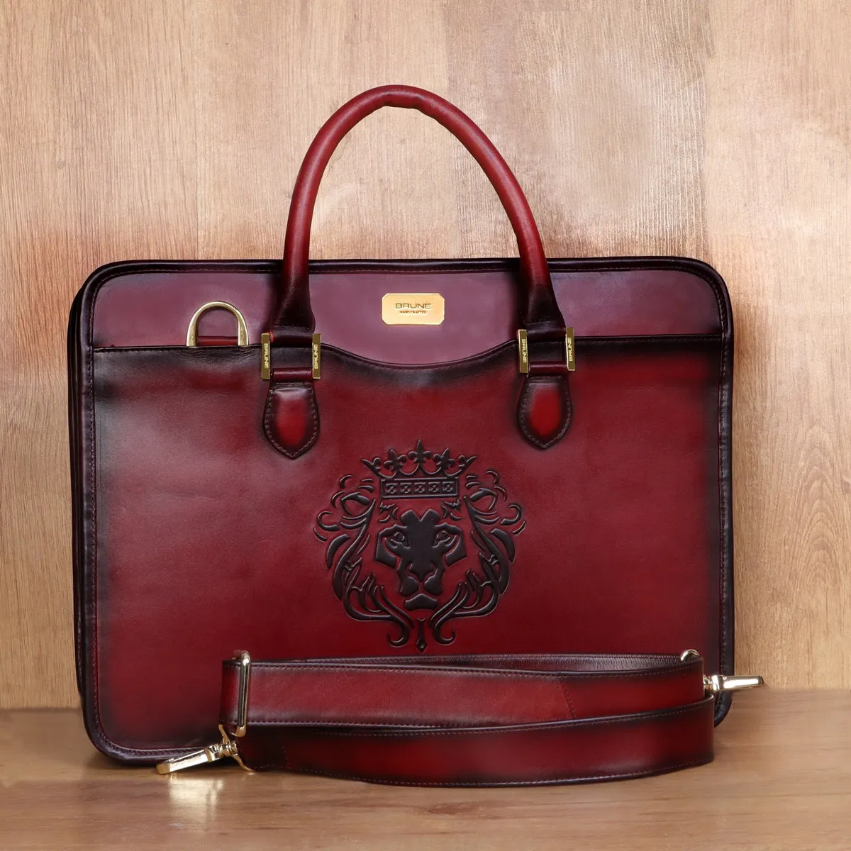 Embossed Lion Wine Leather Laptop Office Briefcase with Organizer Compartment by Brune & Bareskin