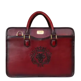 Embossed Lion Wine Leather Laptop Office Briefcase with Organizer Compartment by Brune & Bareskin