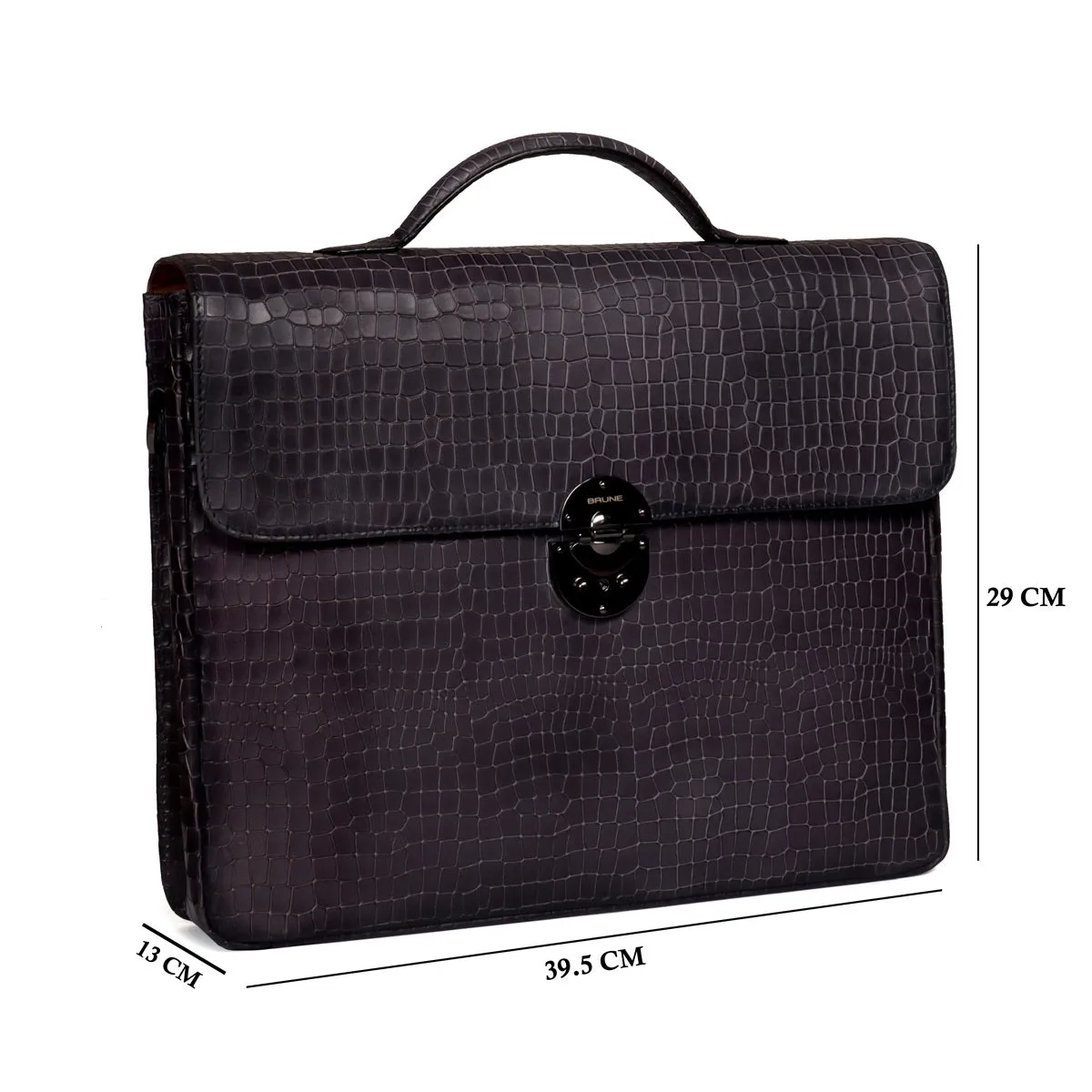 Flap Opening Secured Lock Grey Deep Cut Croco Textured Leather Office/Laptop Briefcase with Organizer Compartment by Brune & Bar