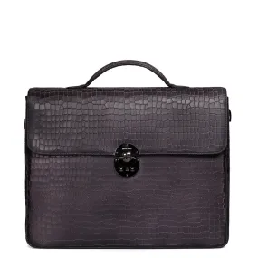 Flap Opening Secured Lock Grey Deep Cut Croco Textured Leather Office/Laptop Briefcase with Organizer Compartment by Brune & Bar