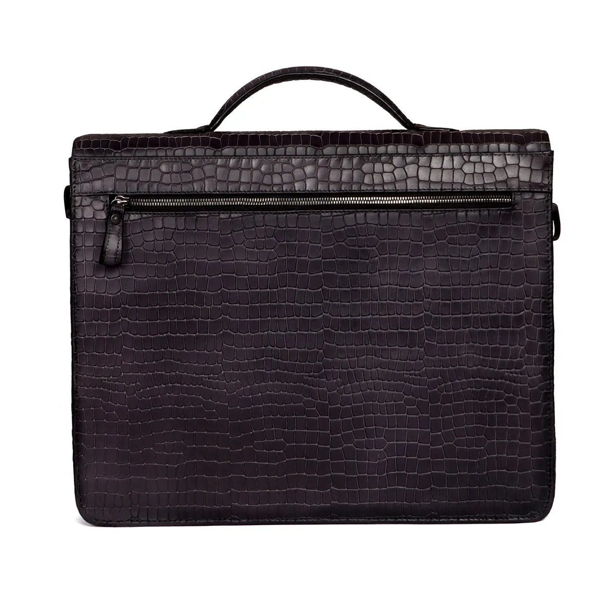 Flap Opening Secured Lock Grey Deep Cut Croco Textured Leather Office/Laptop Briefcase with Organizer Compartment by Brune & Bar