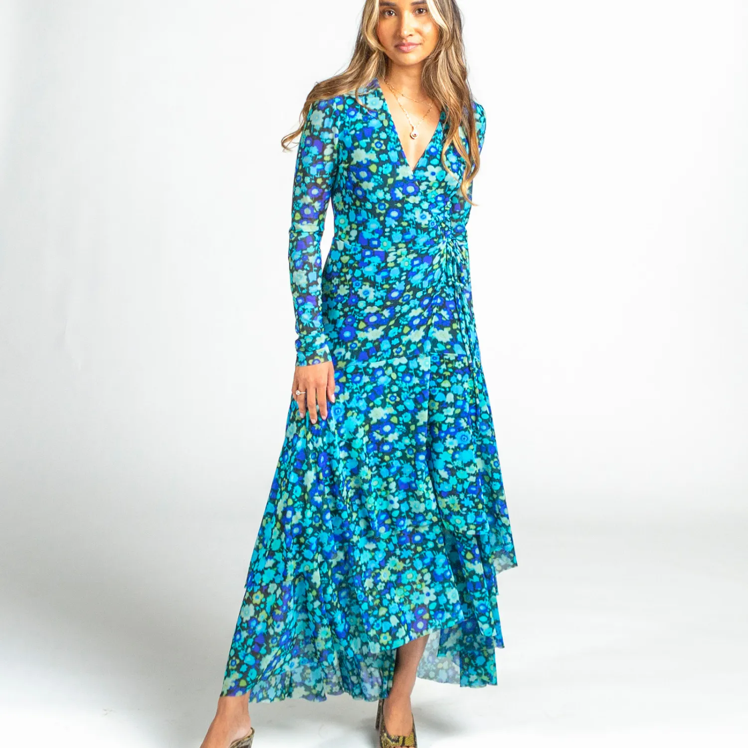 Ganni Blue Floral Wrap Mesh Dress