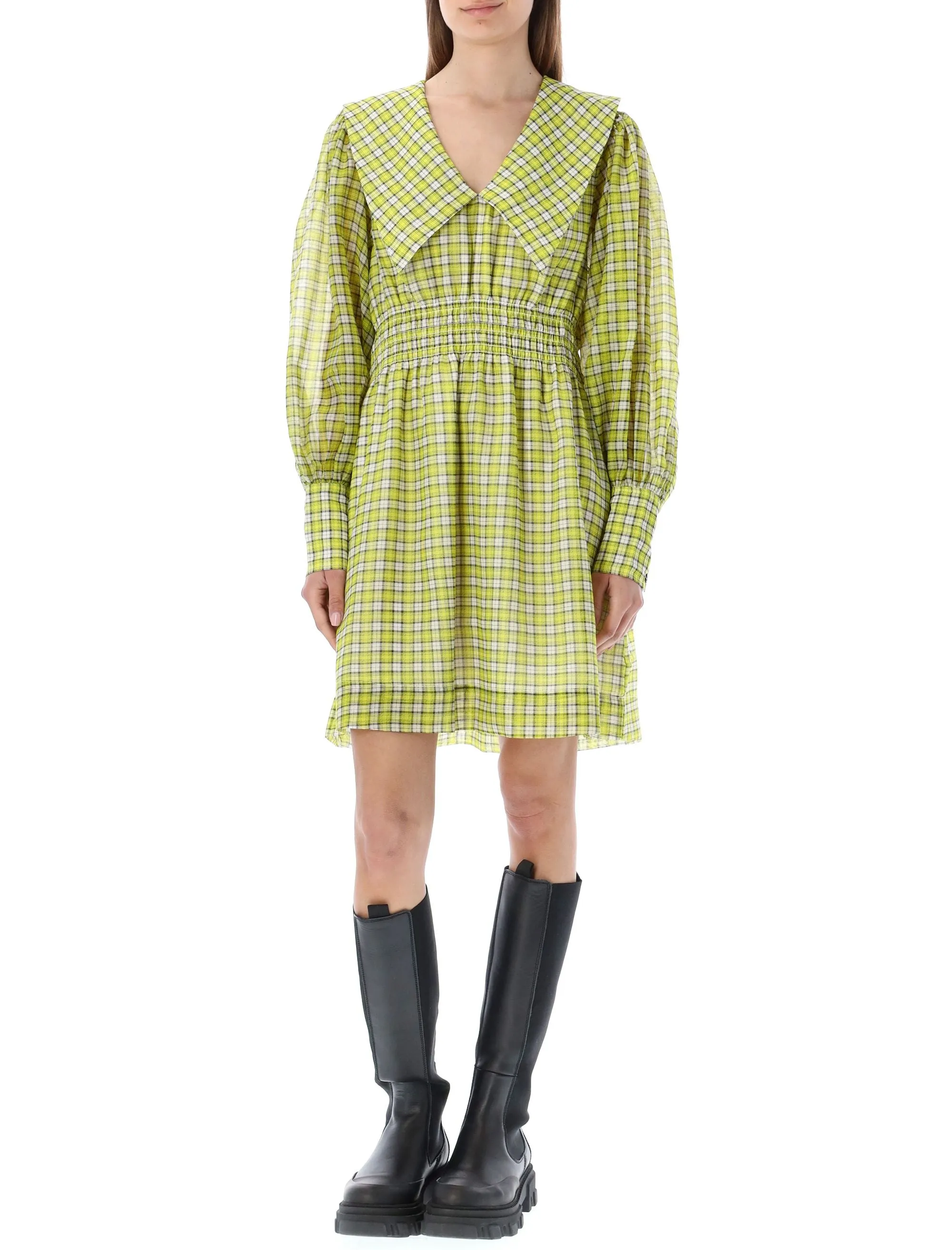 Ganni Puff-Sleeved Check Printed Mini Dress