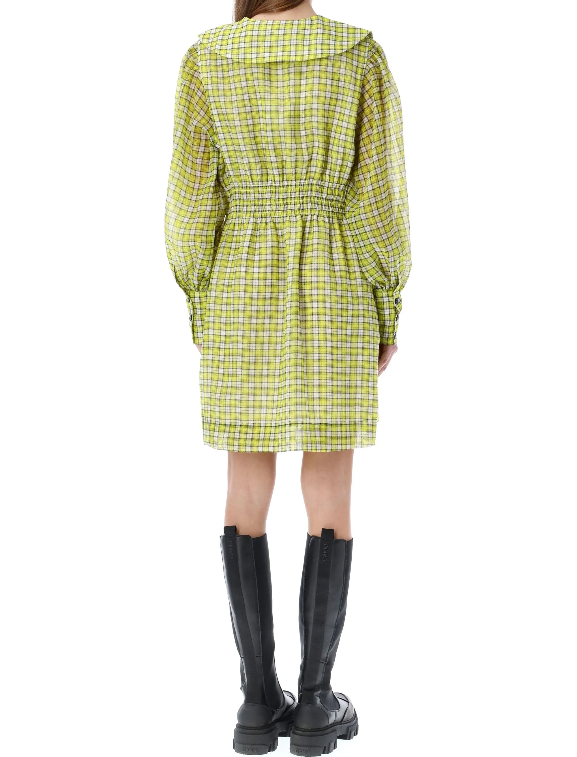 Ganni Puff-Sleeved Check Printed Mini Dress