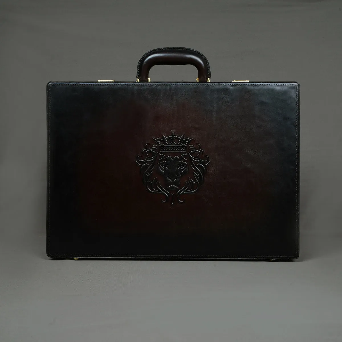 Hand Painted Office Briefcase In Dark Brown Leather Hard Case With Number Lock