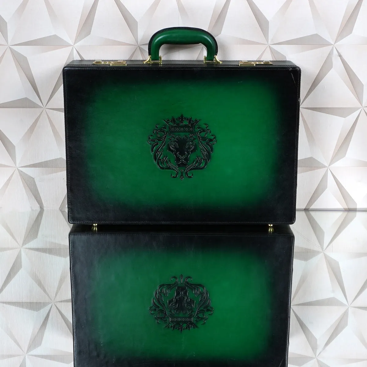 Hand Painted Office Briefcase in Green Leather Hard Case