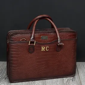 Handcrafted Brown Croco Leather Laptop Briefcase by Brune & Bareskin