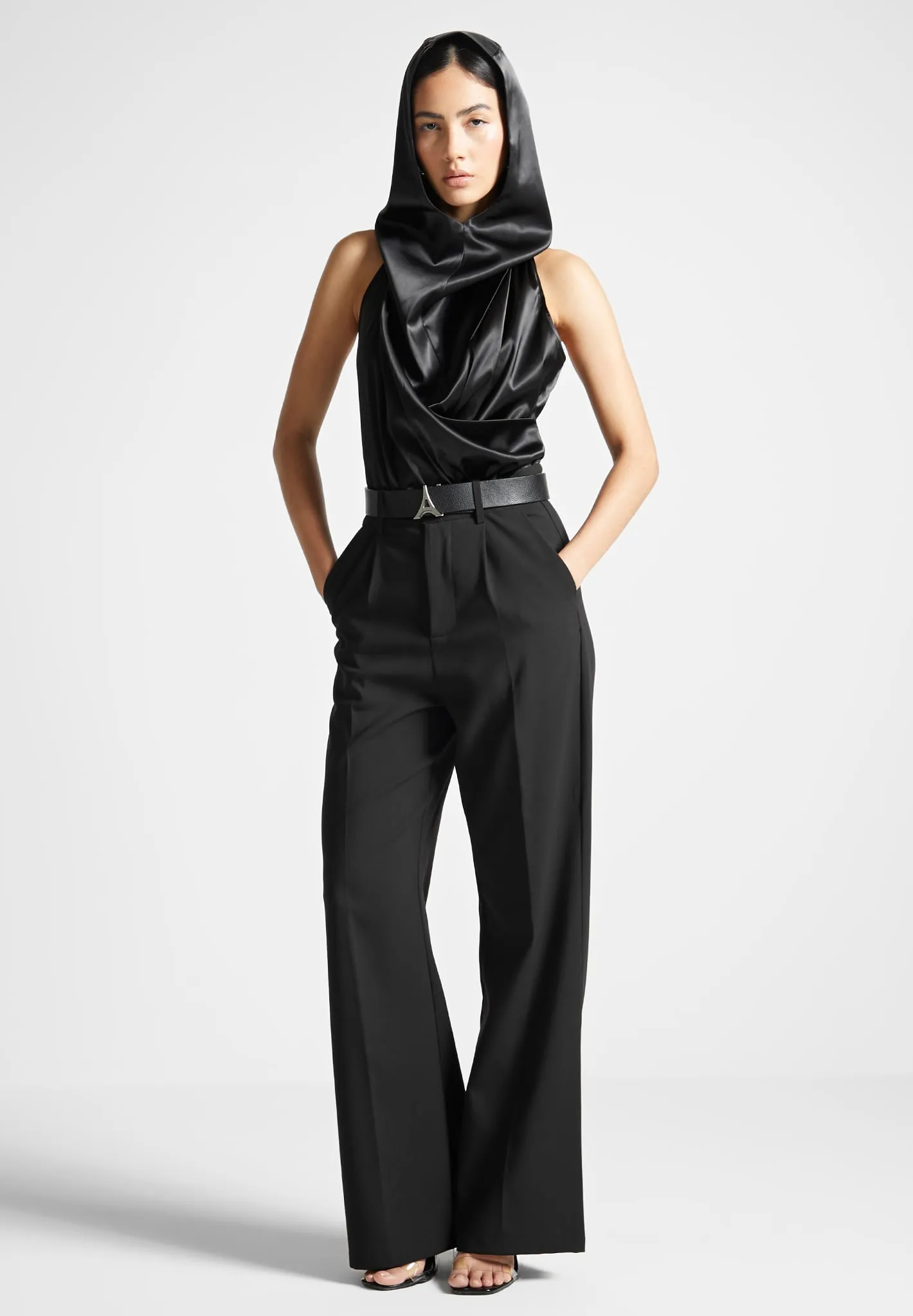 Hooded Cowl Neck Satin Wrap Bodysuit - Black