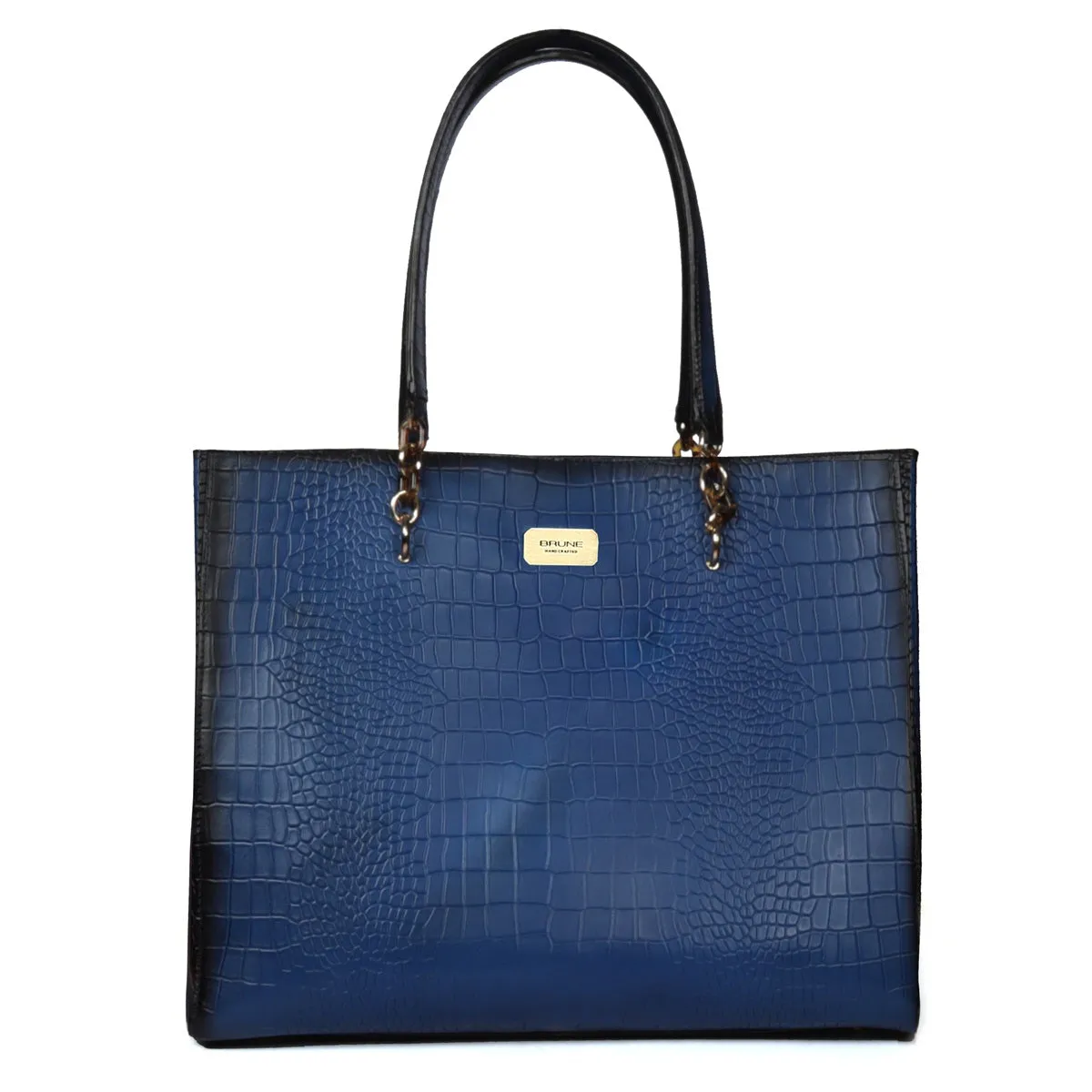 Large Deep Cut Textured Blue Leather Handbag