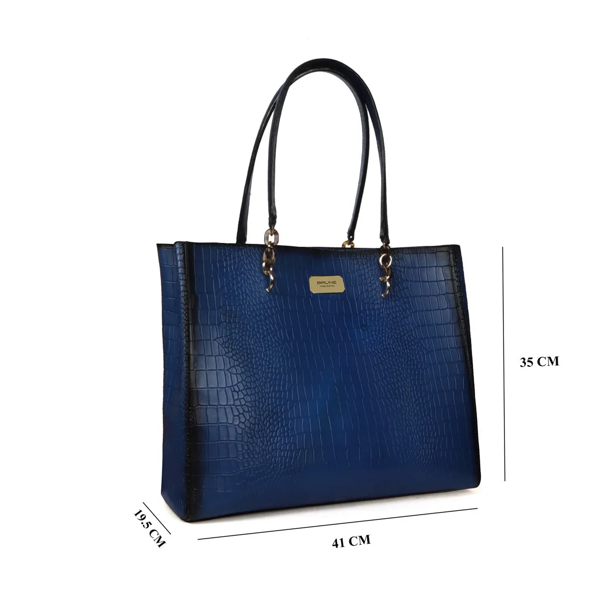 Large Deep Cut Textured Blue Leather Handbag