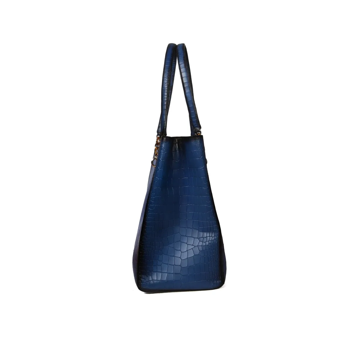 Large Deep Cut Textured Blue Leather Handbag