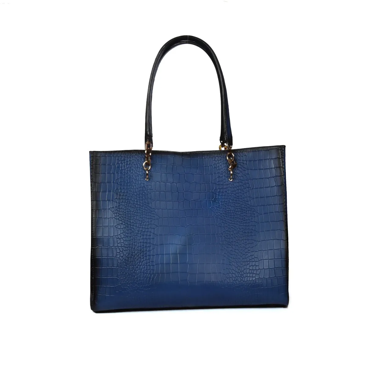 Large Deep Cut Textured Blue Leather Handbag