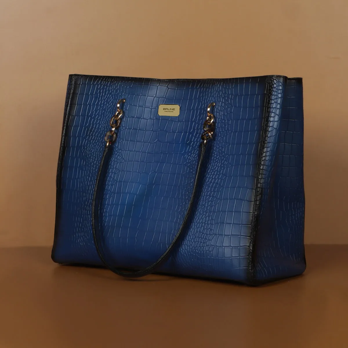 Large Deep Cut Textured Blue Leather Handbag