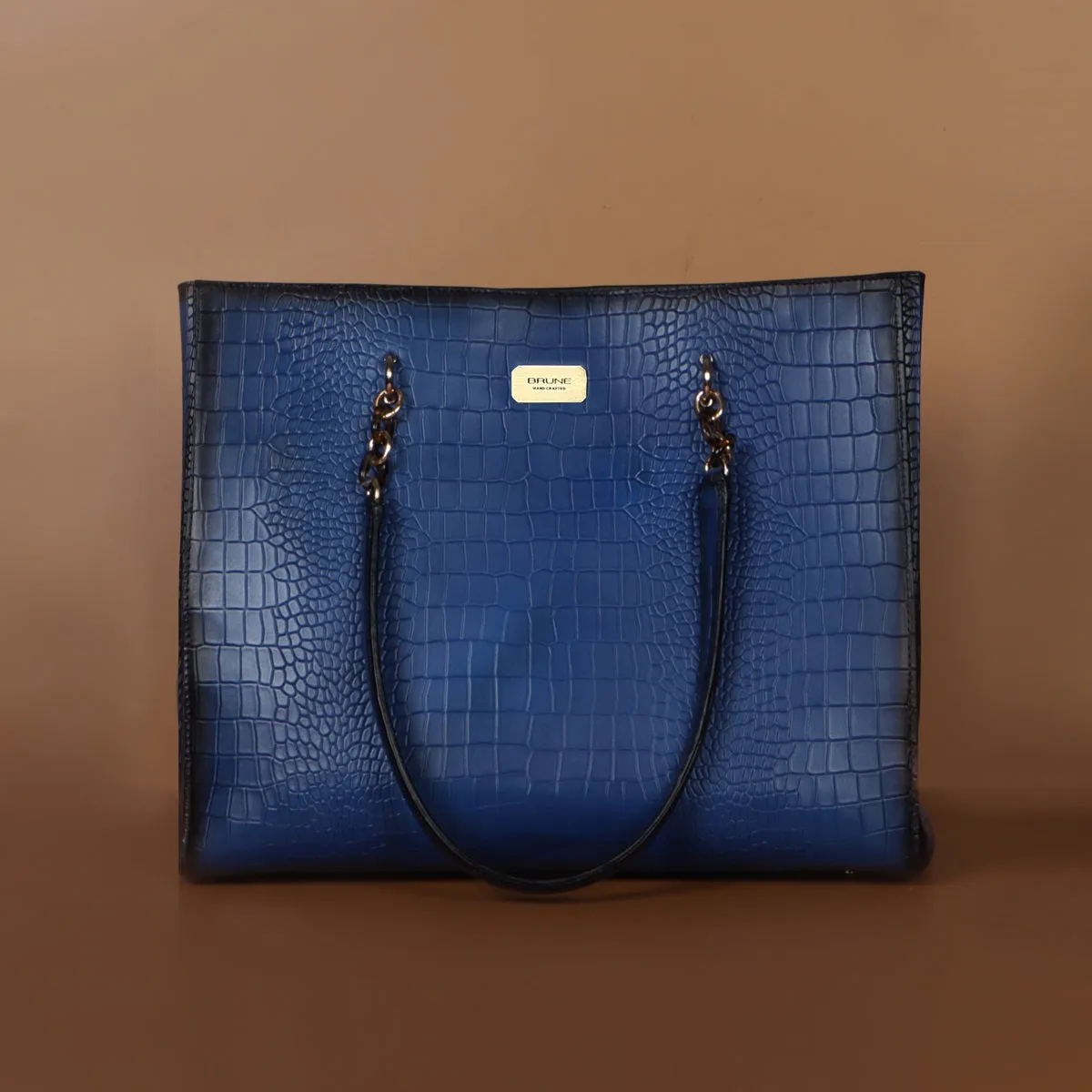 Large Deep Cut Textured Blue Leather Handbag