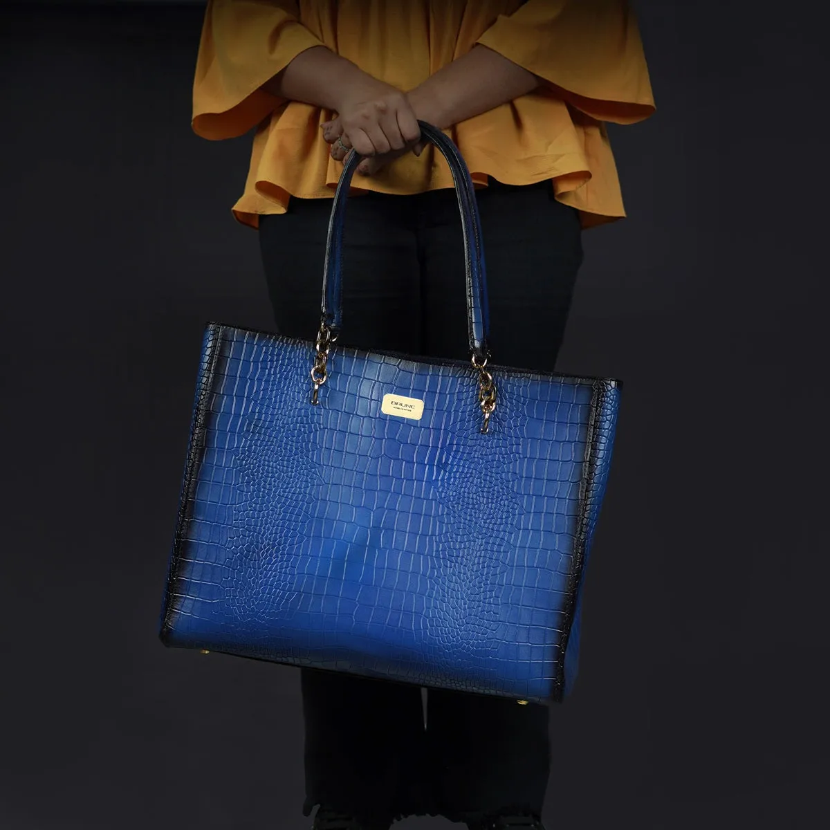 Large Deep Cut Textured Blue Leather Handbag