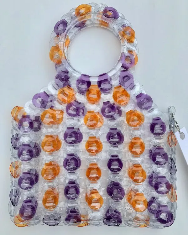 Large Square Vinyl Handbag - Purple/Orange Stripe