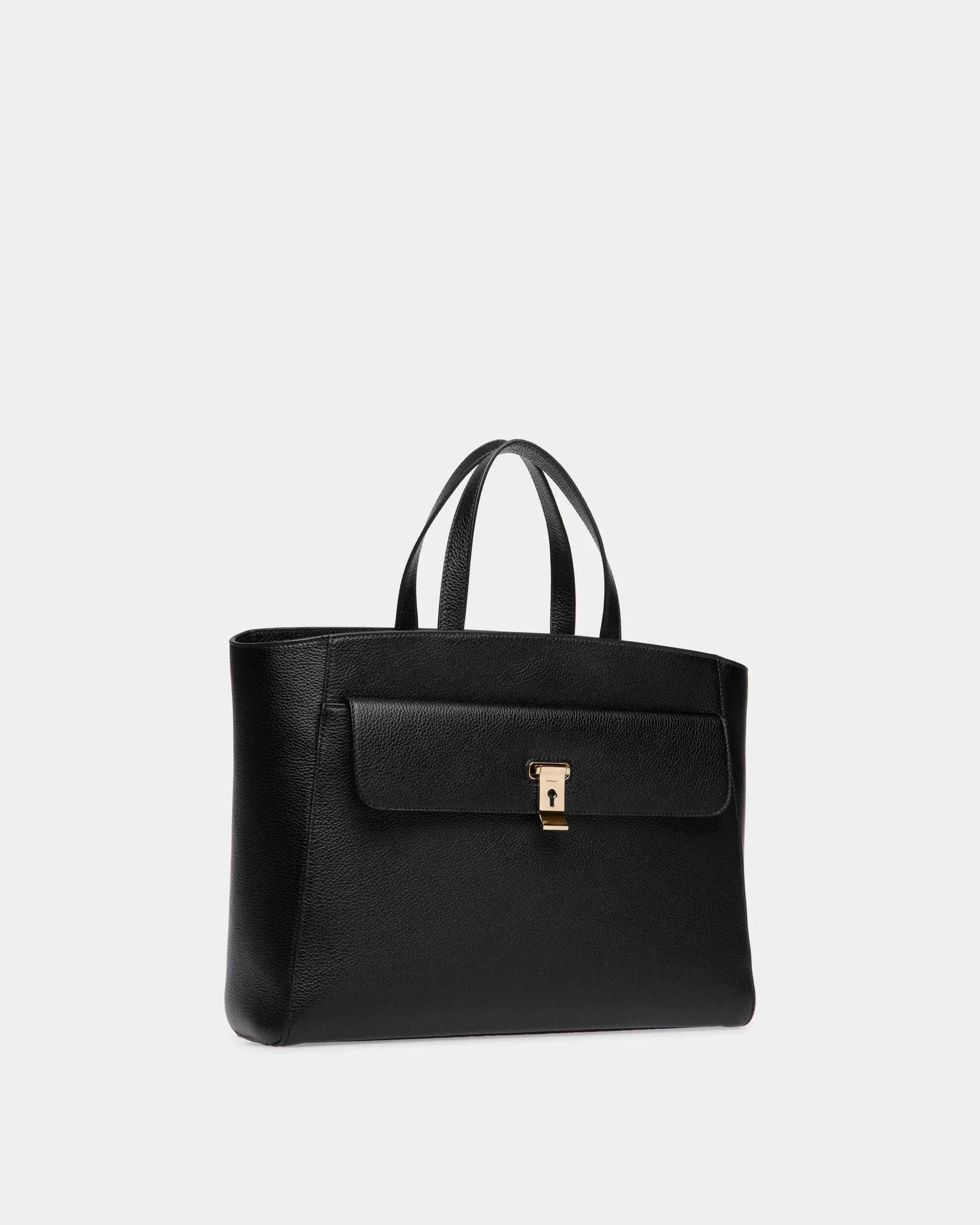 Lock Me Tote Bag In Black Grained Leather 