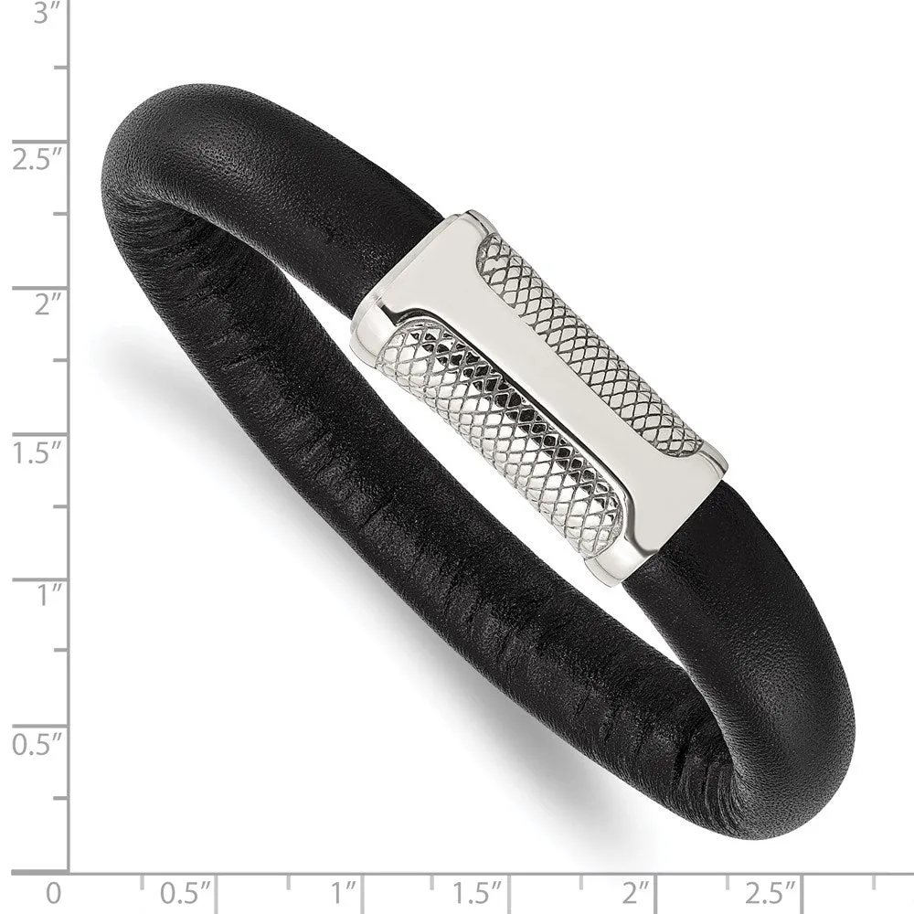 Men's Black Leather Cord & Stainless Steel Magnetic Bracelet, 8.5 Inch