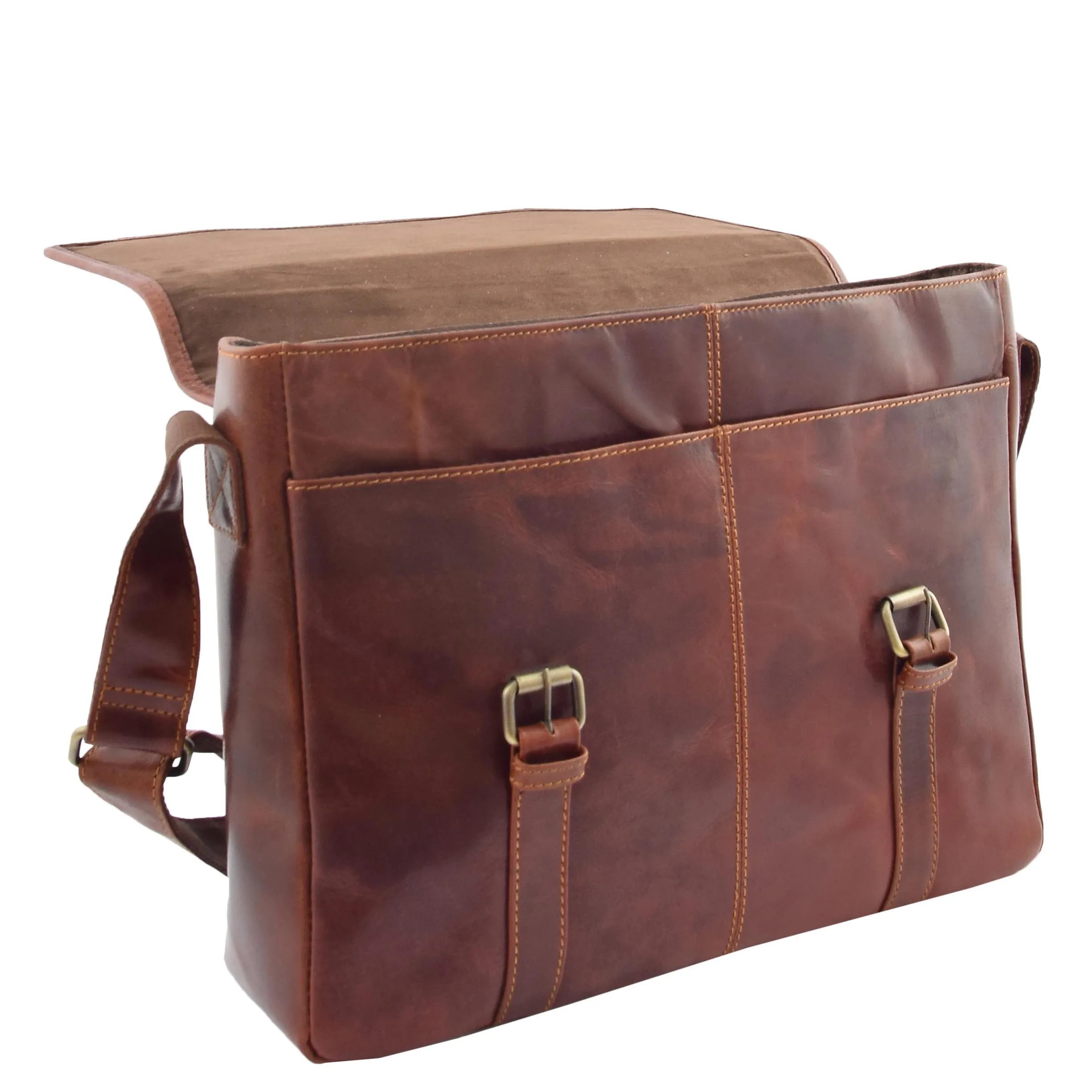 Mens Leather Cross Body Flap Over Briefcase Marland Brown