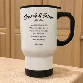 Metal Coffee and Tea Travel Mug John 6:35 Couple Personalized