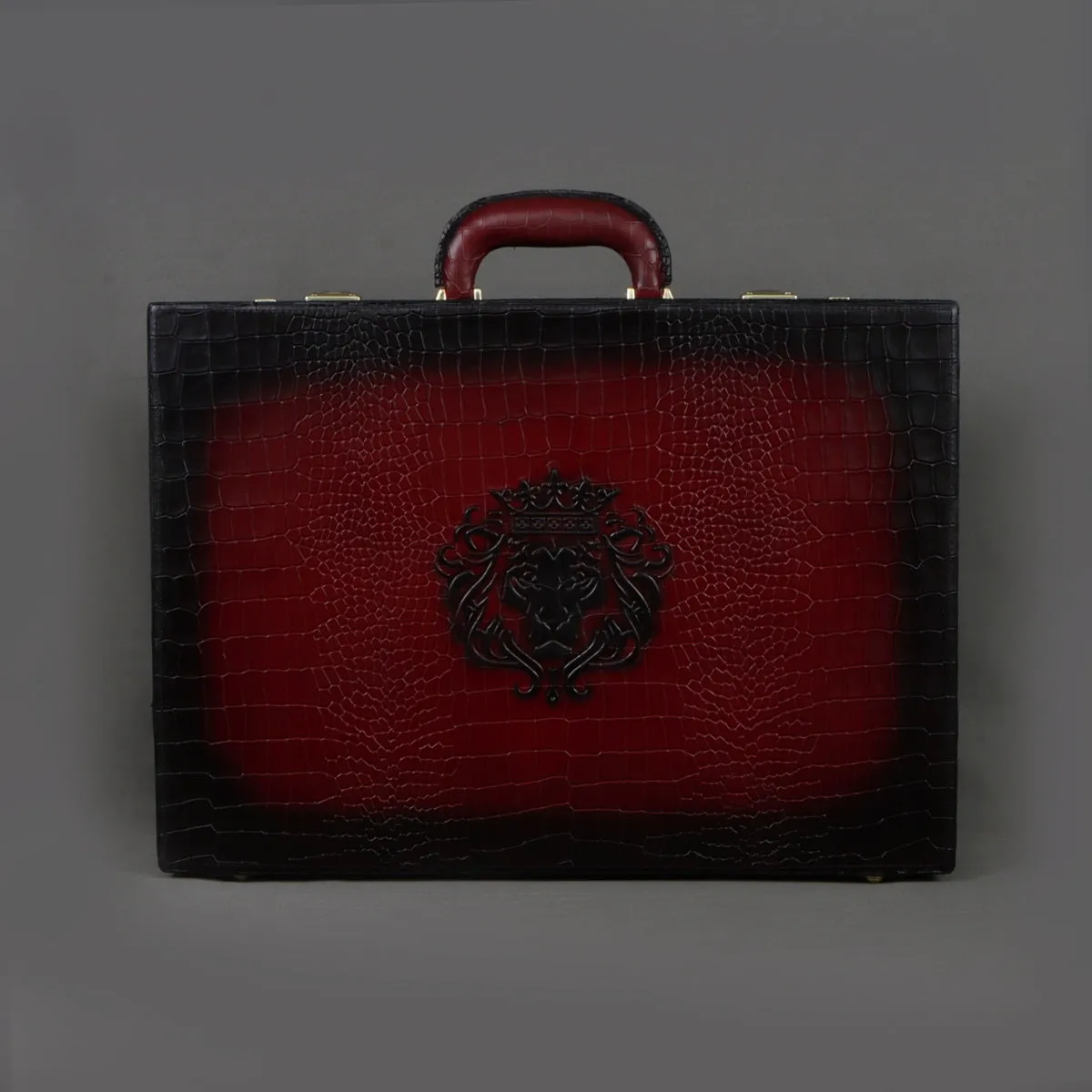 Multi-Functional Office Briefcase in Wine Croco Textured Leather with Embossed Lion