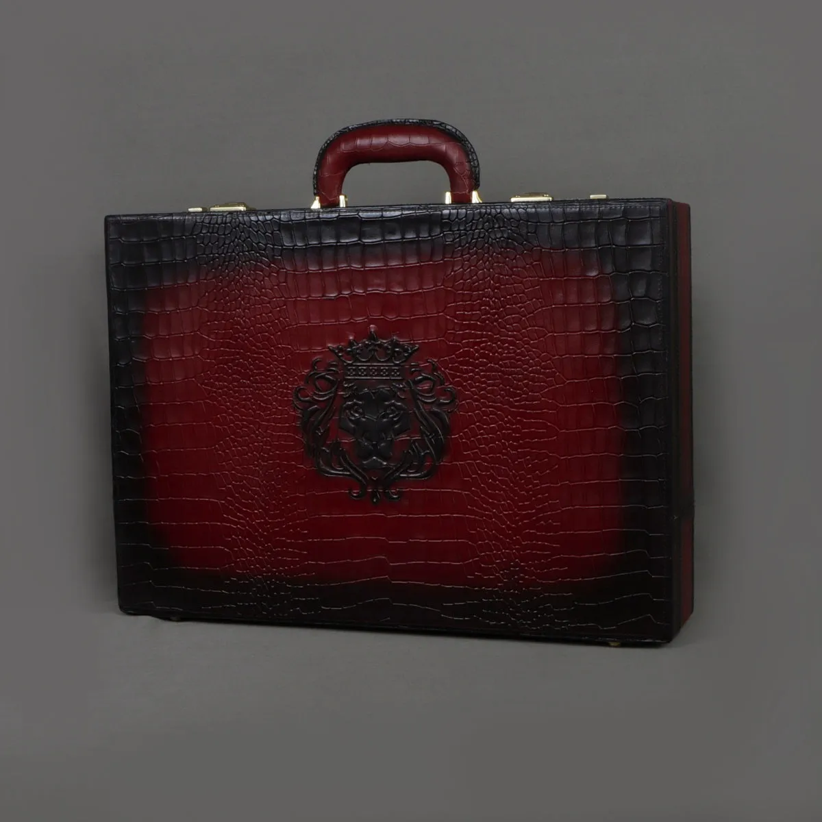 Multi-Functional Office Briefcase in Wine Croco Textured Leather with Embossed Lion