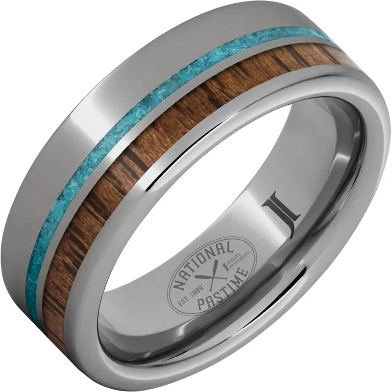 National Pastime Collection Rugged Tungsten Ring with Hickory Vintage Baseball Bat Wood and Turquoise Inlays