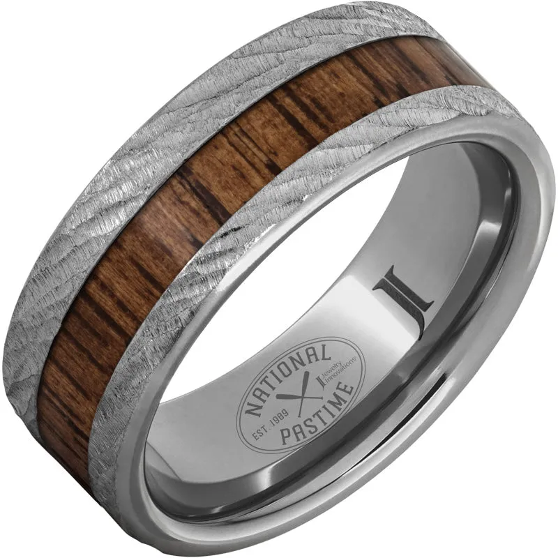 National Pastime Collection Rugged Tungsten Ring with Hickory Vintage Baseball Bat Wood Inlay and Bark Finish