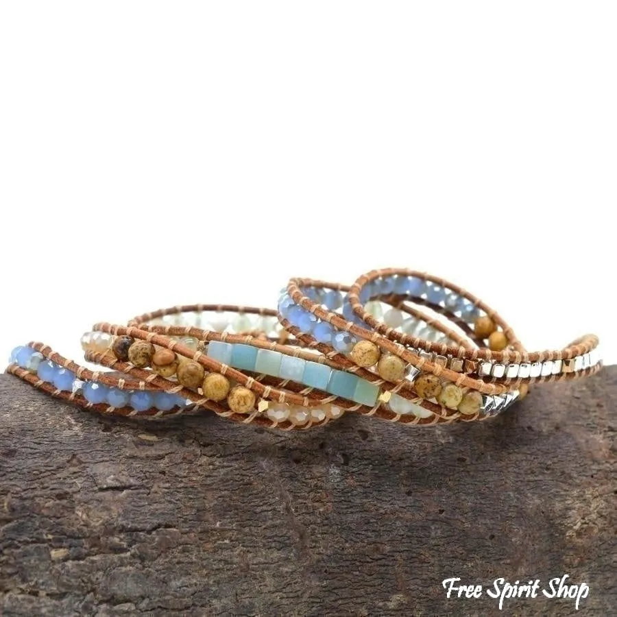 Natural Amazonite & Jasper Leather Wrap Bracelet